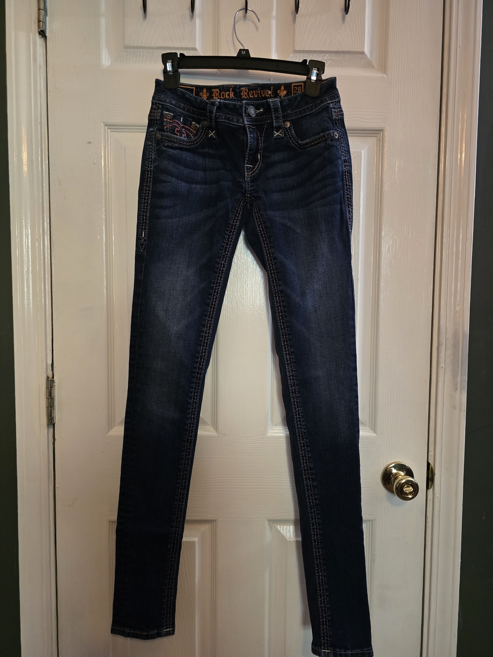 Rock Revival Dark Blue Skinny Jeans with Contrast Stitching